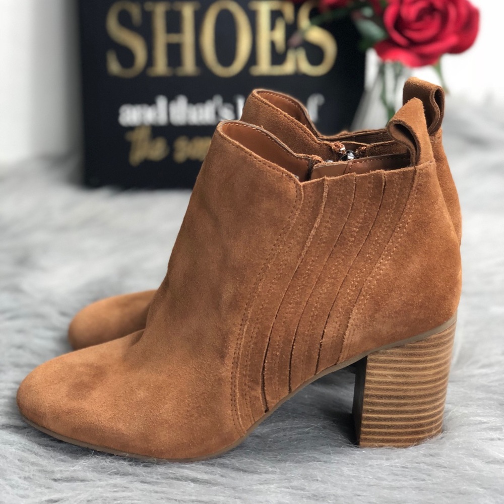 14th & Union Tan Stacked Heeled Suede Booties - Picture 3 of 8